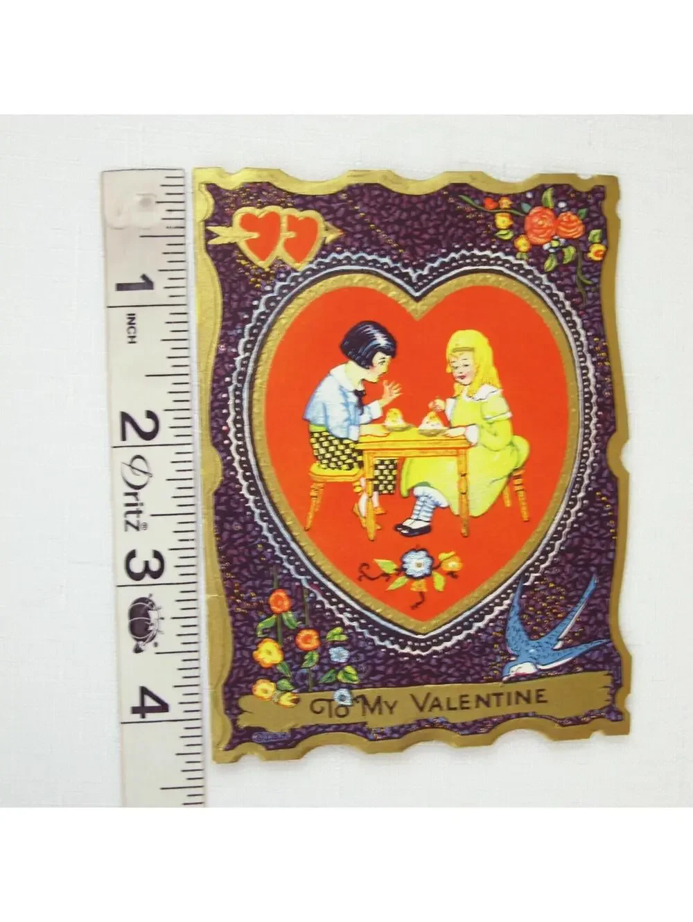 Vintage Valentine Die cut Fold Card Boy & Girl Gold Embossed 1920s-30s UNSIGNED